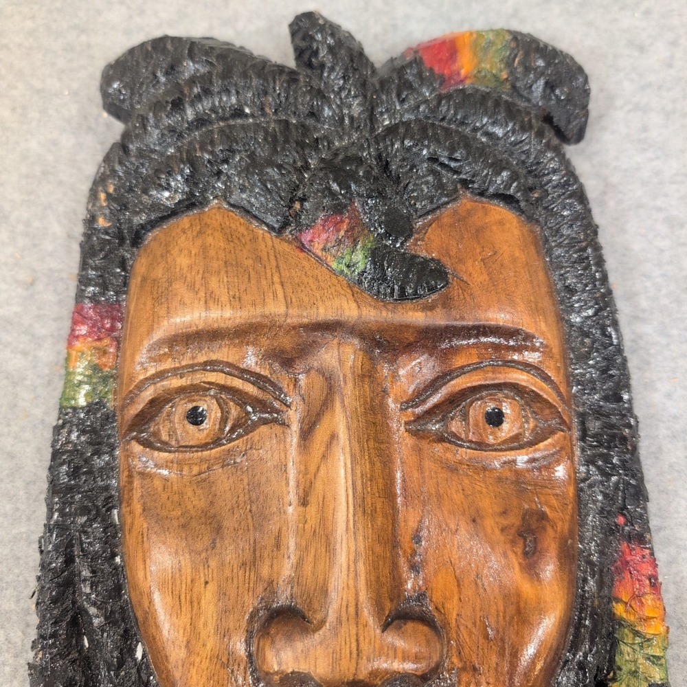 Hand Carved Wooden Rasta Mask Dreadlocks Beard Red Yellow Green Wall Art Decor - Picture 3 of 8